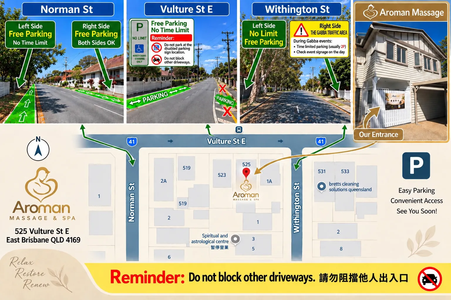 Aroman parking and entrance guide: Norman St, Vulture St E and Withington St around 525 Vulture St E, with a photo of the studio entrance.