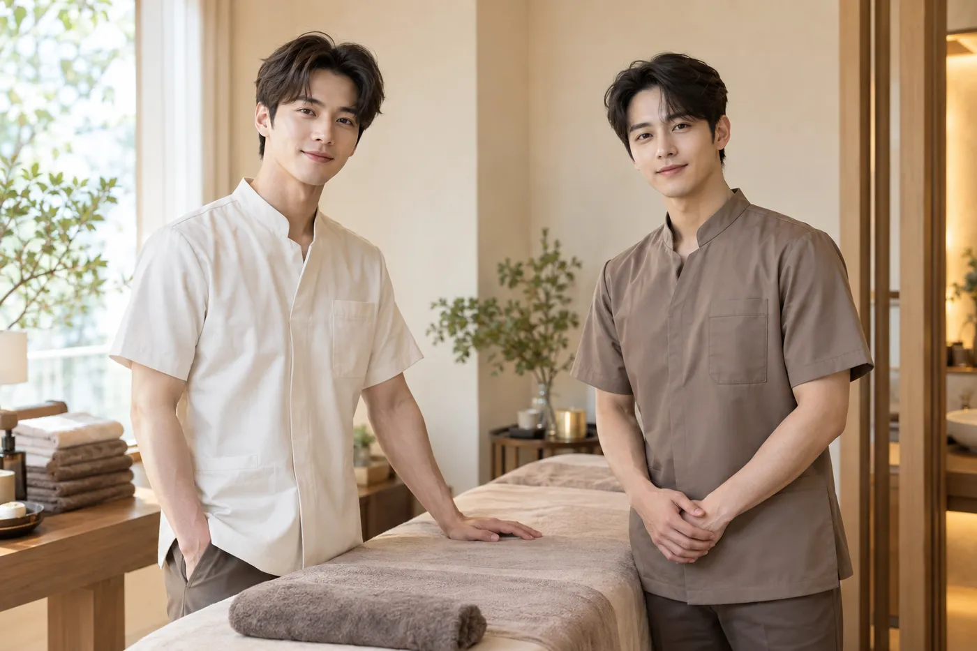 Two young adult male massage therapists in ivory and taupe uniforms standing beside a massage table in a welcoming studio
